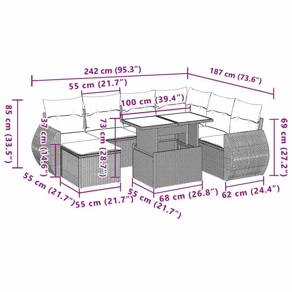 vidaXL 8-Piece Poly Rattan Lounge Set with Cushions Black