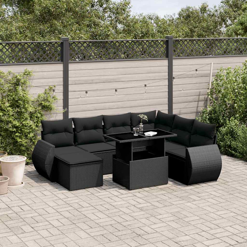 vidaXL 8-Piece Poly Rattan Lounge Set with Cushions Black