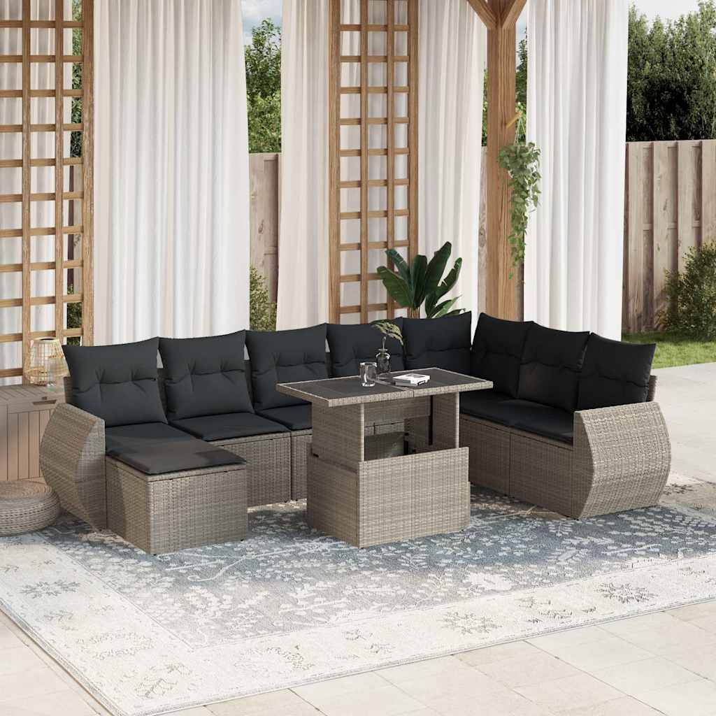 vidaXL 9-delige Loungeset met kussens poly rattan zwart
