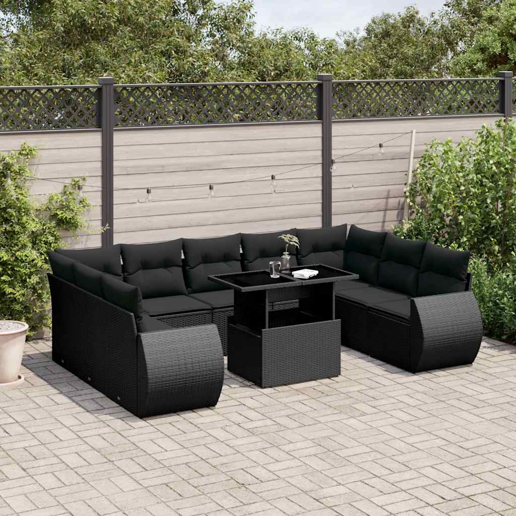 vidaXL 10-Piece Lounge Set with Cushions Poly Rattan Black