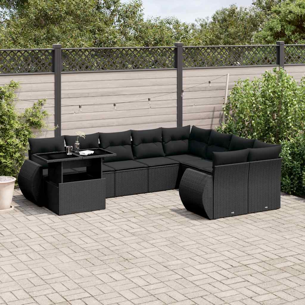 vidaXL 10-Piece Lounge Set with Cushions Poly Rattan Black