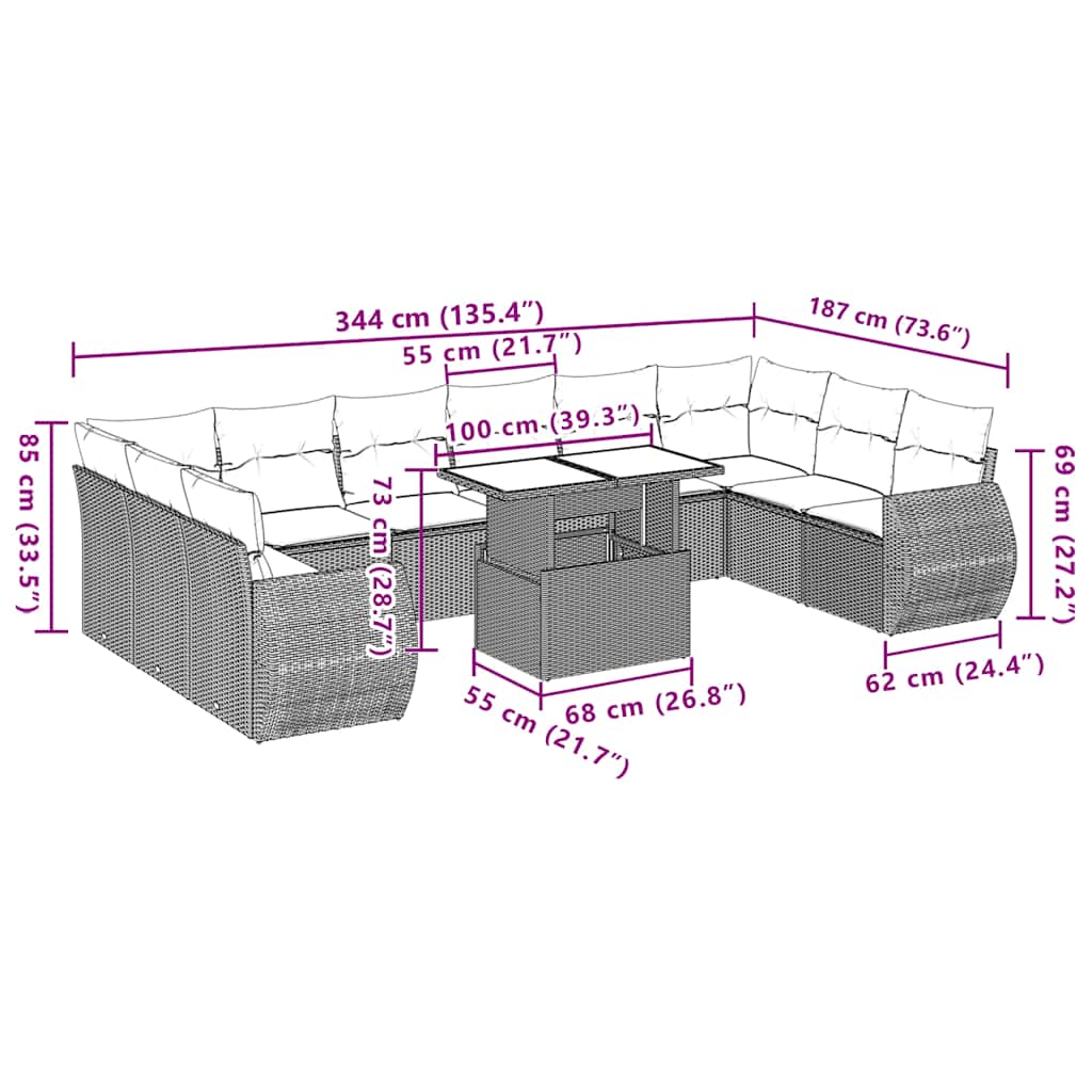 vidaXL 11-delige tuinbankset met kussens, grijs polyrotan