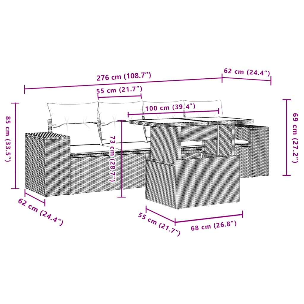 vidaXL 5-delige Loungeset met kussens poly rattan zwart