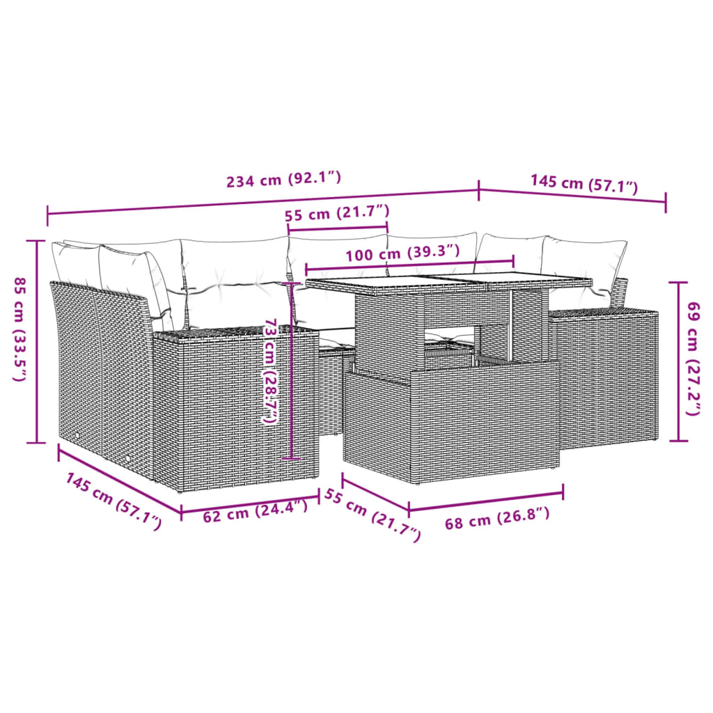 vidaXL 7-delige Loungeset met kussens poly rattan zwart