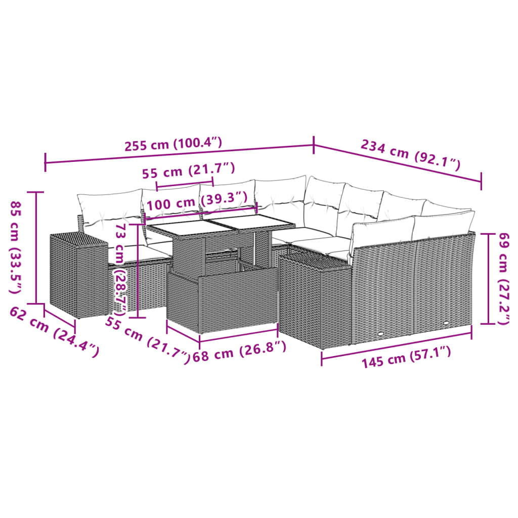 vidaXL 9-delige Loungeset met kussens poly rattan zwart