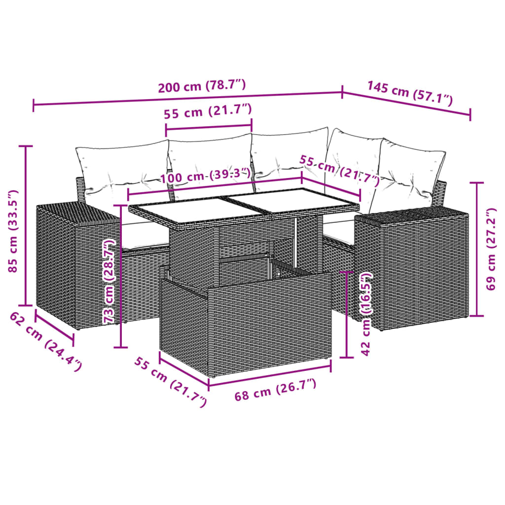 vidaXL 5-delige Loungeset met kussens poly rattan zwart