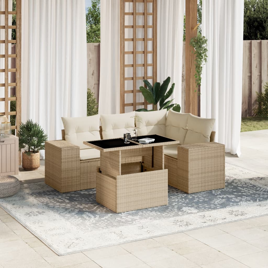 vidaXL 5-delige Loungeset met kussens poly rattan zwart