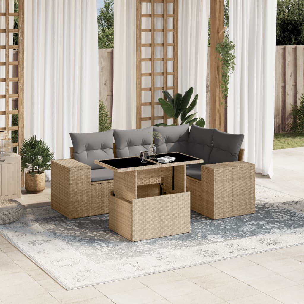 vidaXL 5-delige Loungeset met kussens poly rattan zwart