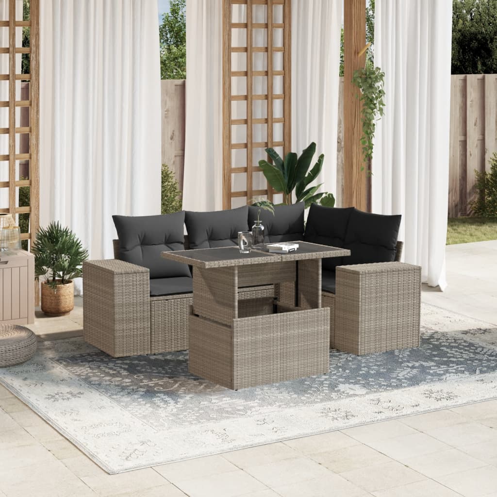 vidaXL 5-delige Loungeset met kussens poly rattan zwart