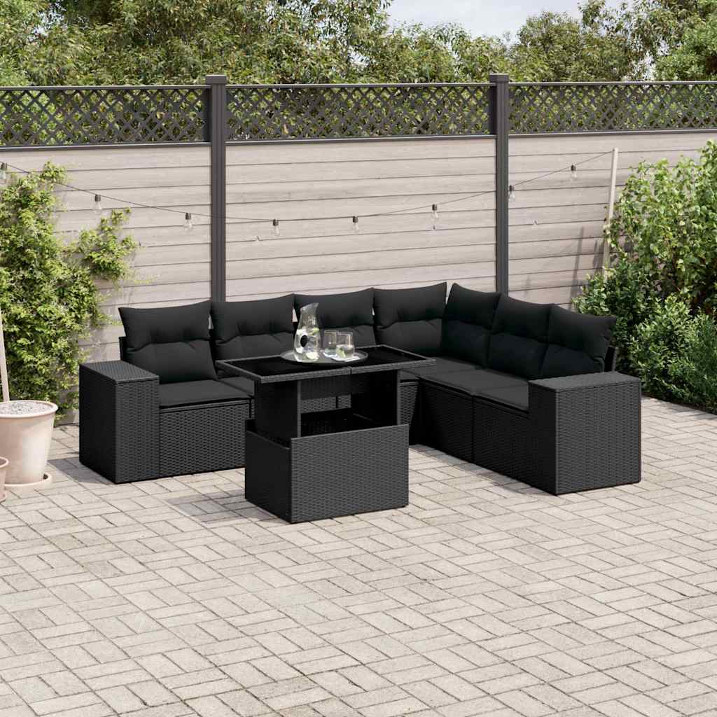 vidaXL 7-delige Loungeset met kussens poly rattan zwart