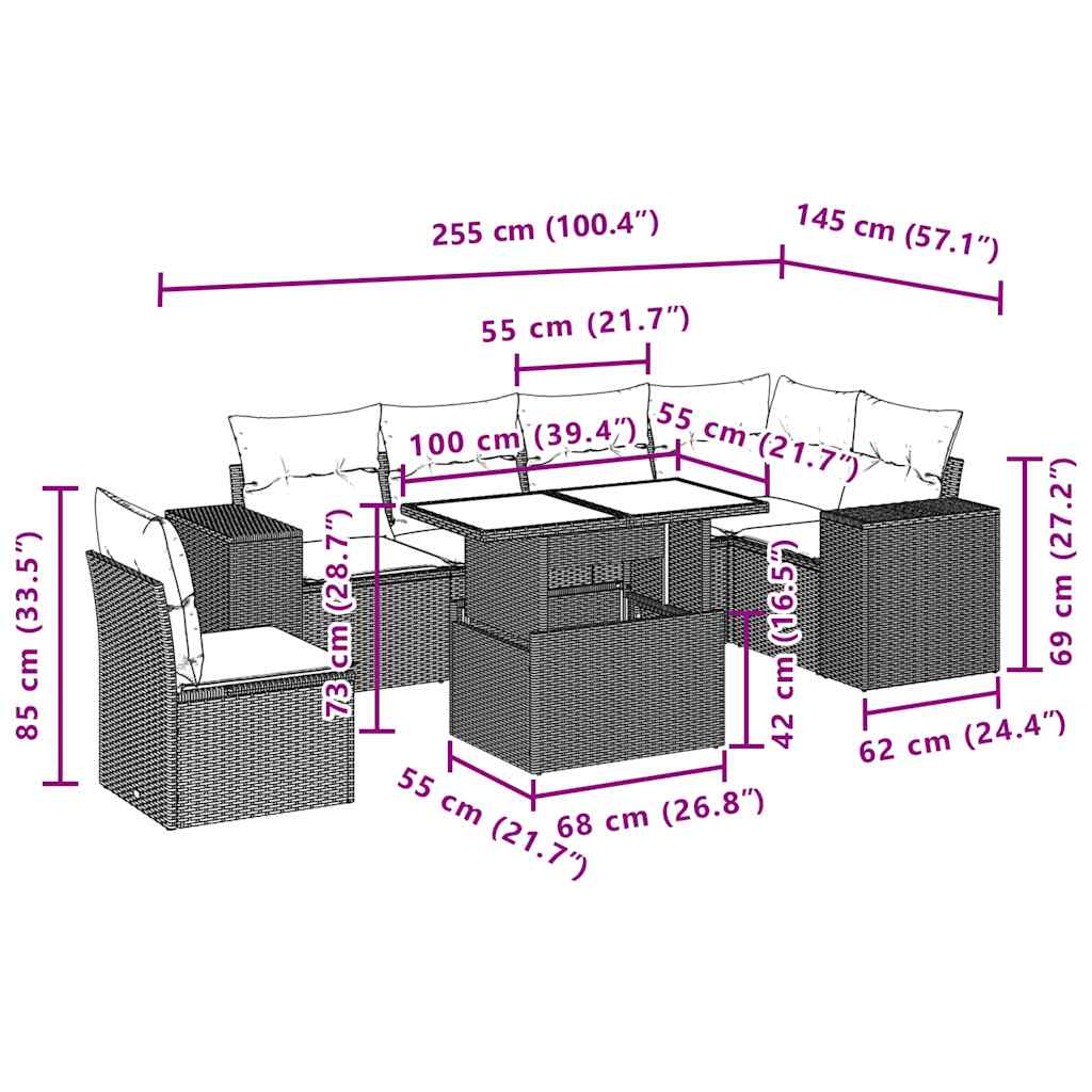 vidaXL 7-delige Loungeset met kussens poly rattan zwart