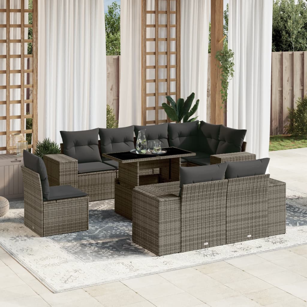 vidaXL 9-delige Loungeset met kussens poly rattan zwart