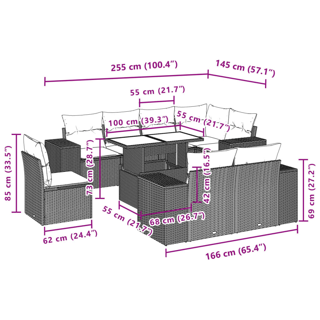 vidaXL 9-delige Loungeset met kussens poly rattan zwart