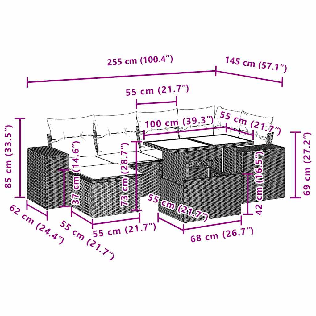 vidaXL 7-delige Loungeset met kussens poly rattan zwart
