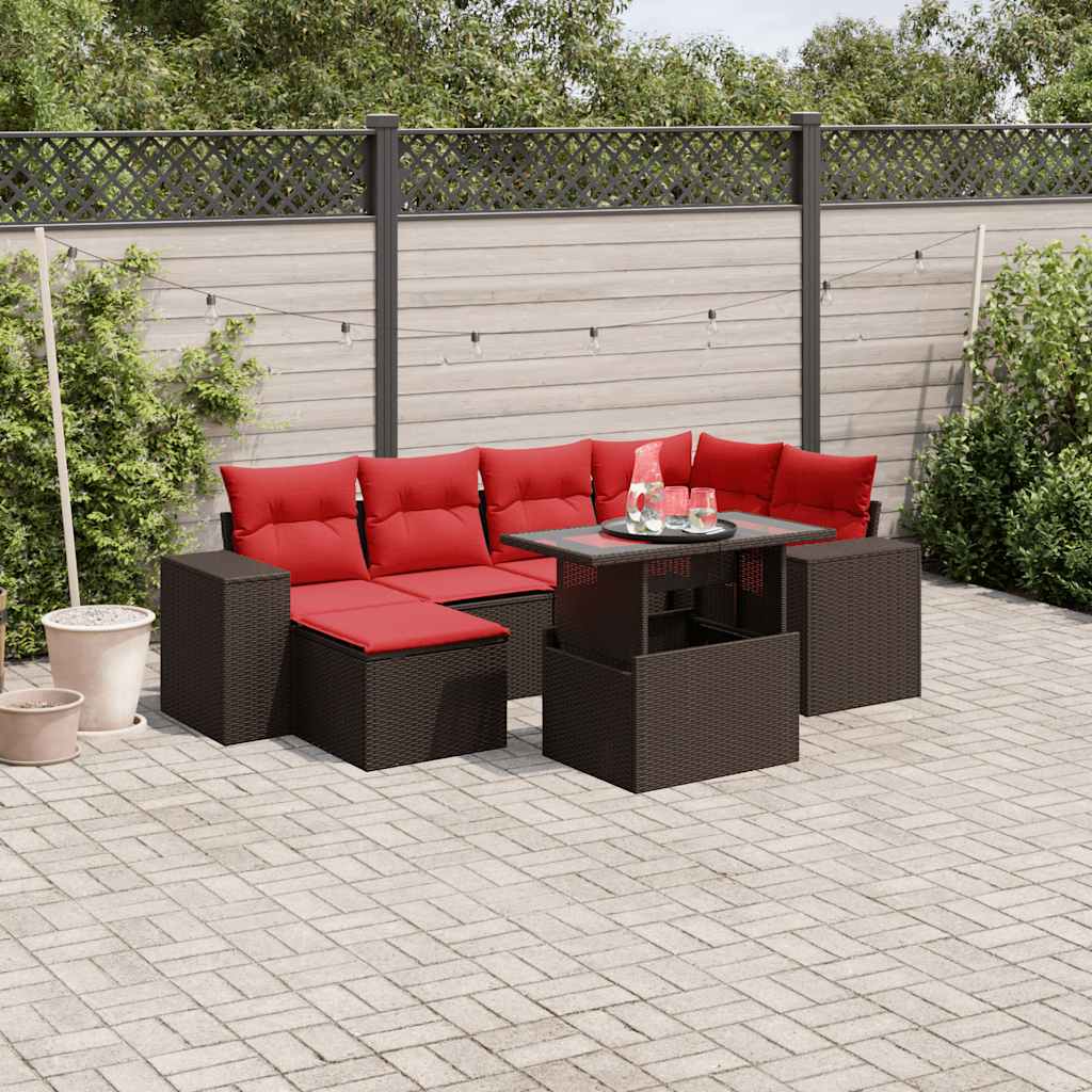 vidaXL 7-delige tuinbankset met kussens van zwart polyrotan