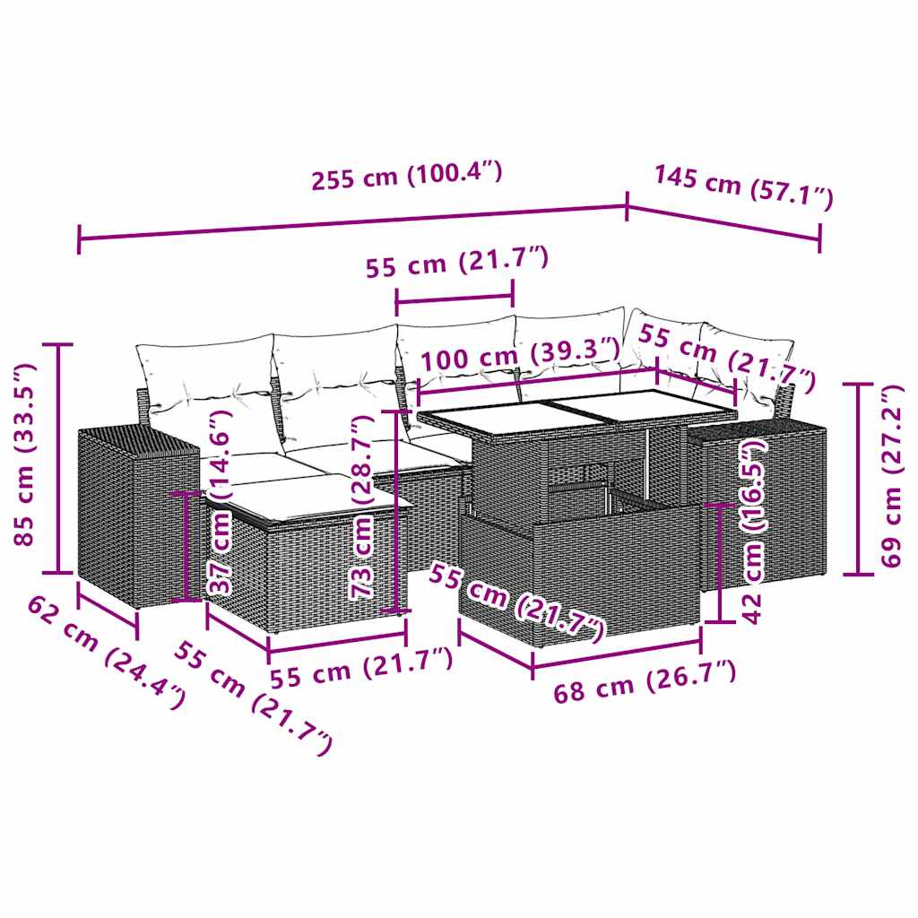 vidaXL 7-delige tuinbankset met kussens van zwart polyrotan