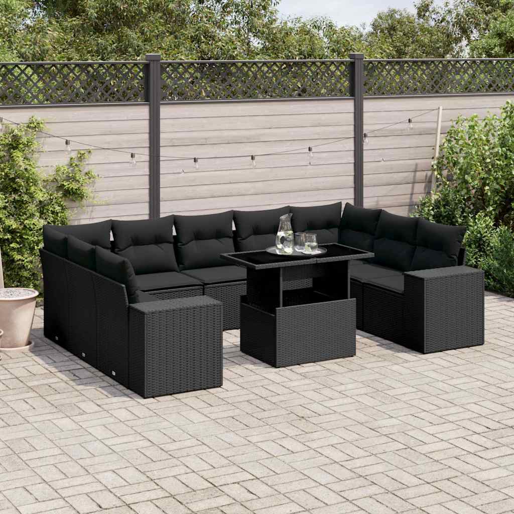vidaXL 10-Piece Lounge Set with Cushions Poly Rattan Black