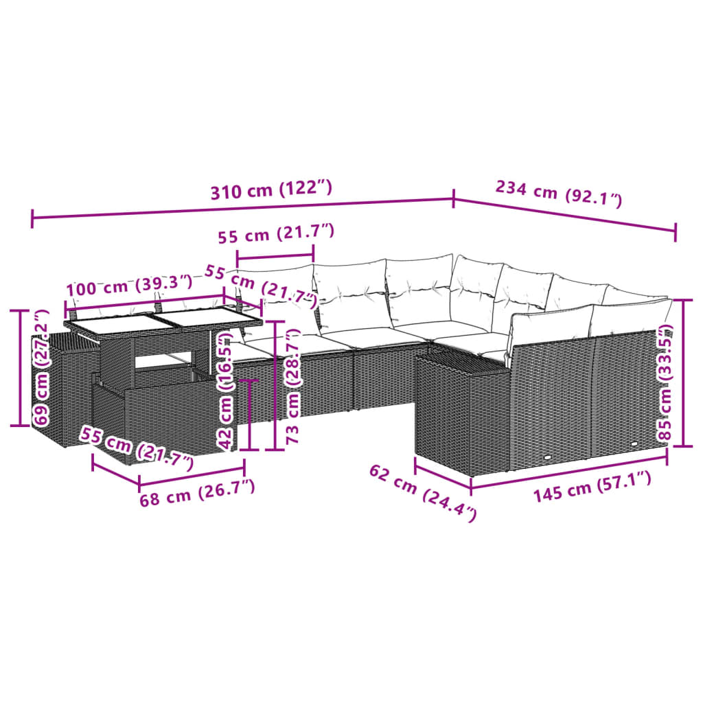 vidaXL 10-delige Loungeset met kussens poly rattan zwart