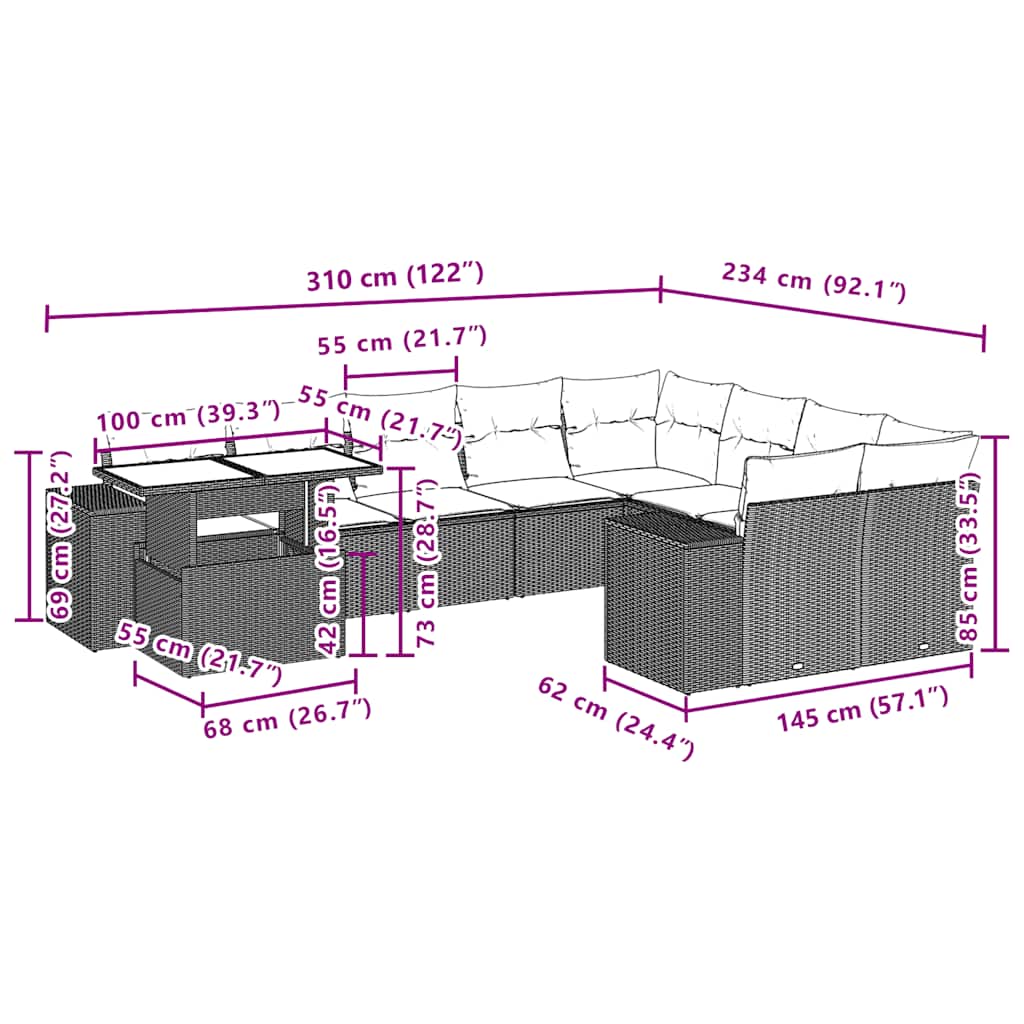 vidaXL 10-delige tuinbankset met kussens, grijs polyrotan