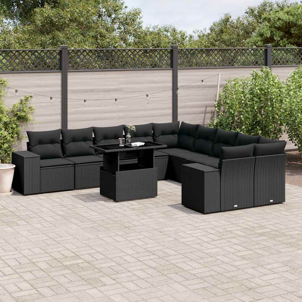 vidaXL 11-Piece Lounge Set with Cushions Poly Rattan Black