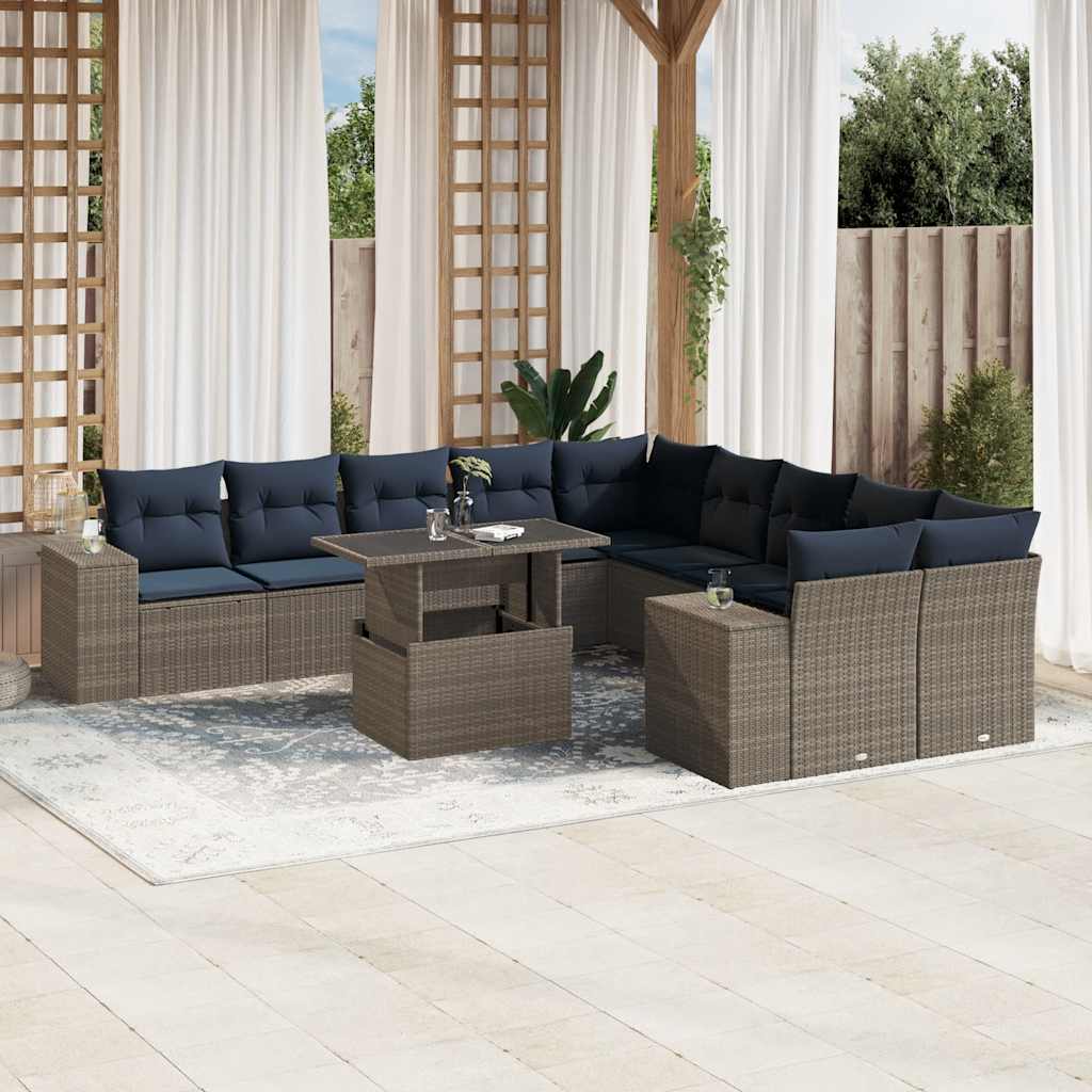 vidaXL 11-delige tuinbankset met kussens, grijs polyrotan
