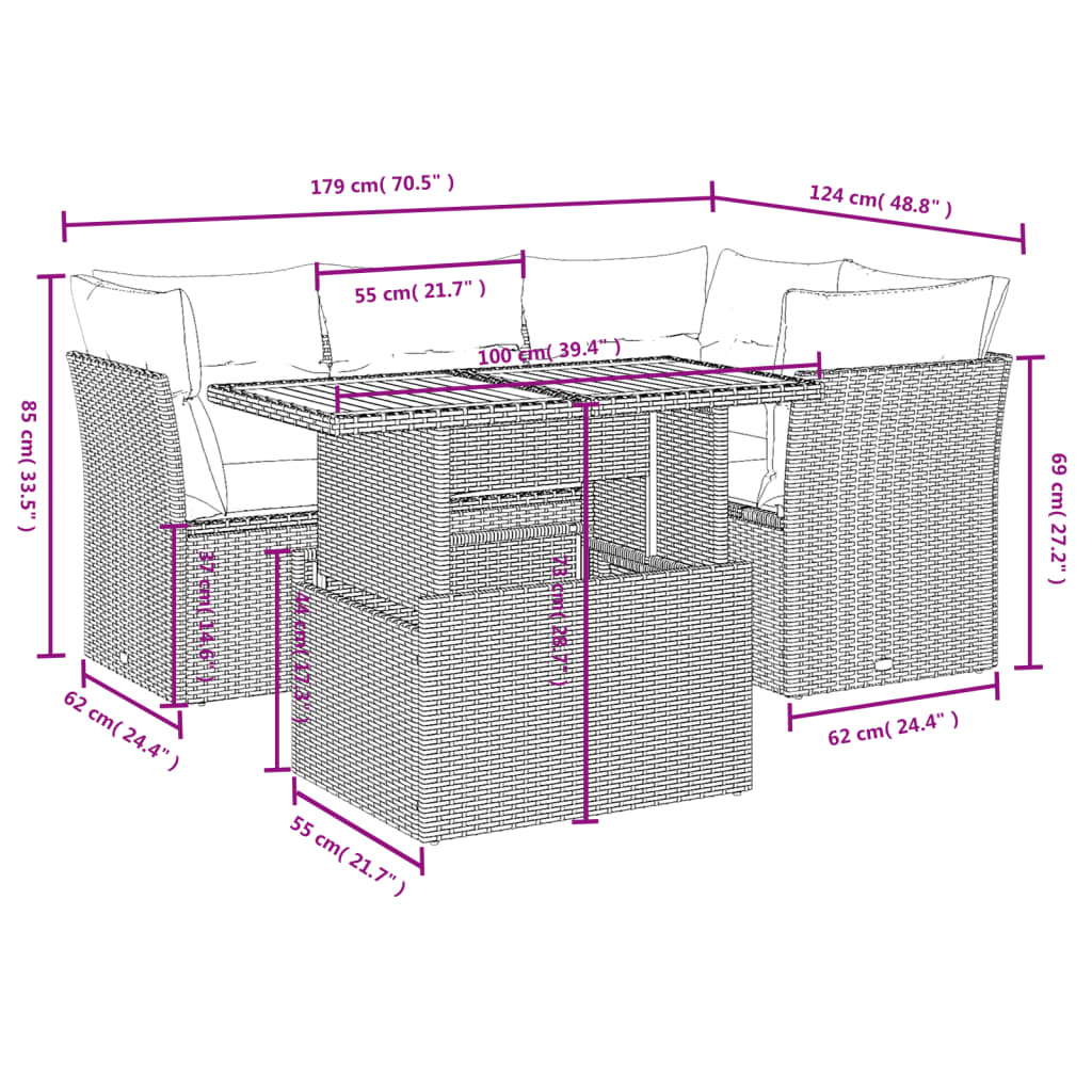 vidaXL 5-delige Loungeset met kussens poly rattan zwart