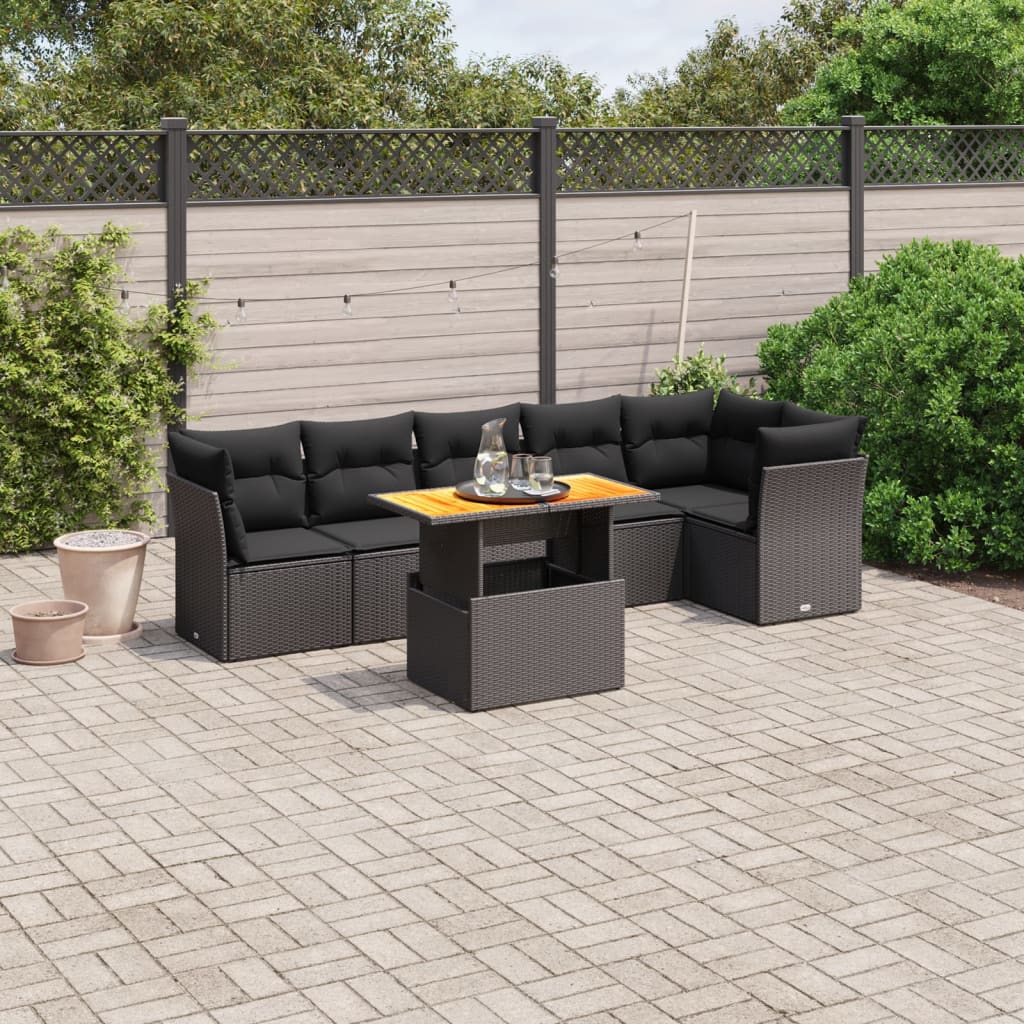 vidaXL 7-Piece Lounge Set with Cushions Poly Rattan Black