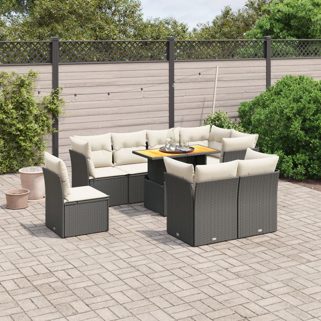 vidaXL 9-delige Loungeset met kussens poly rattan zwart