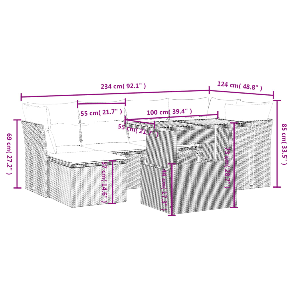 vidaXL 7-Piece Lounge Set with Cushions Poly Rattan Black