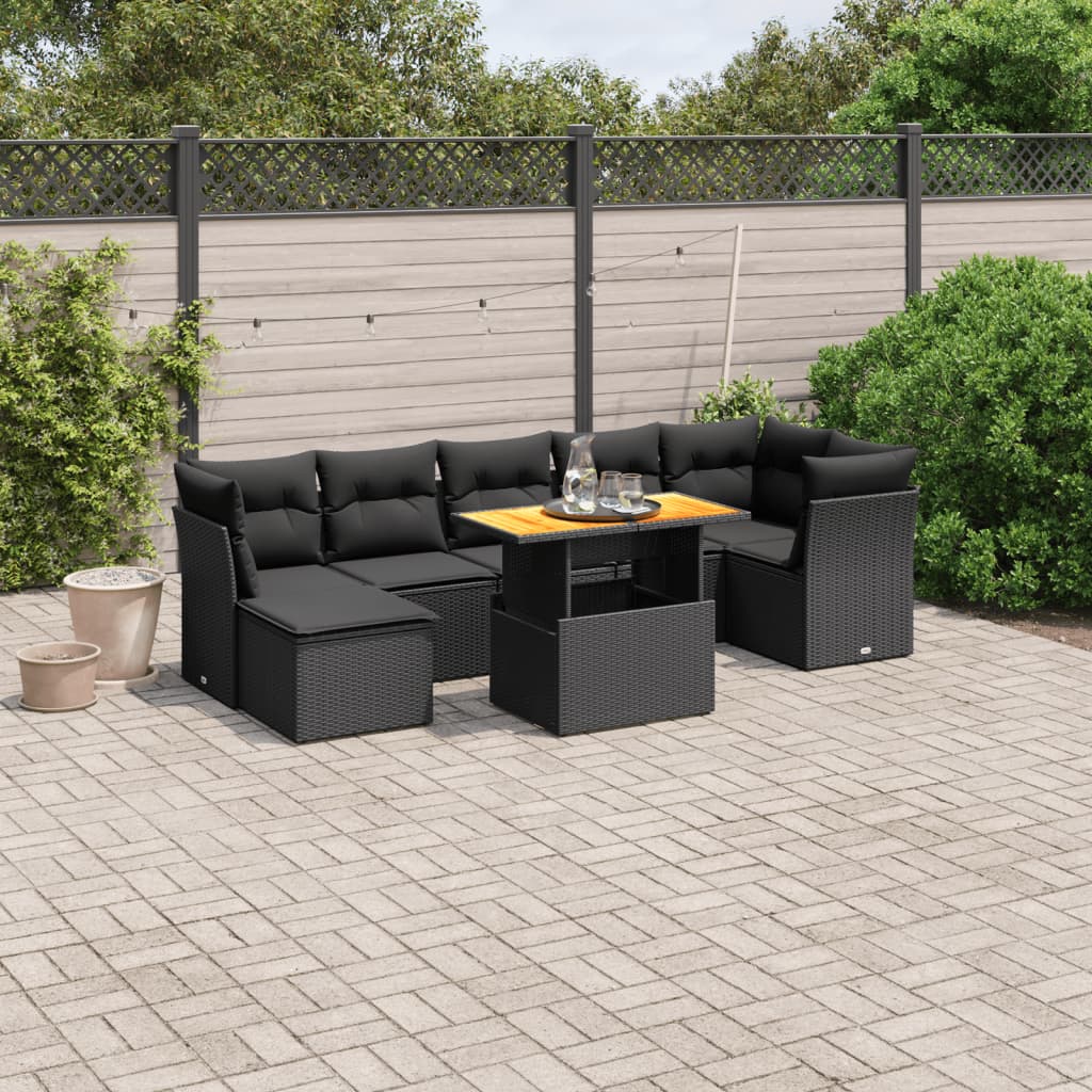 vidaXL 8-delige Loungeset met kussens poly rattan zwart