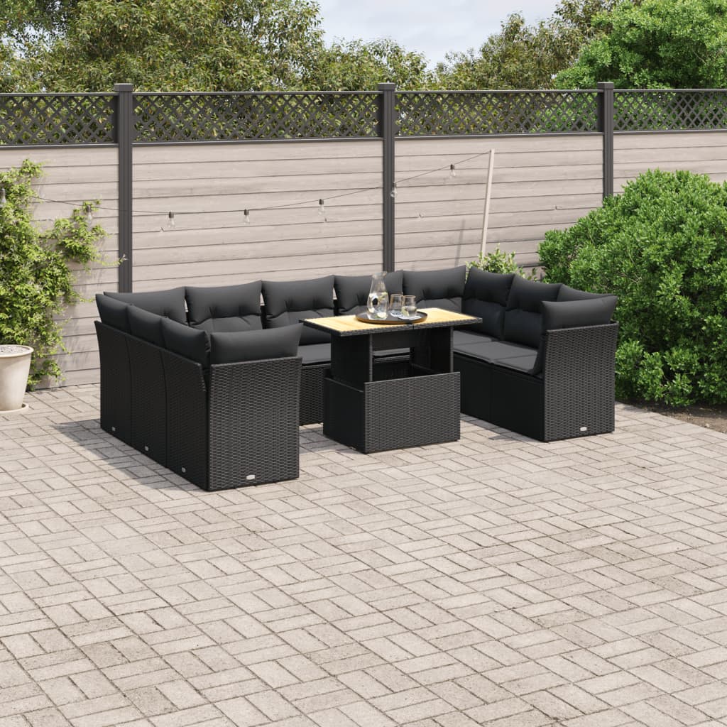vidaXL 10-Piece Lounge Set with Cushions Poly Rattan Black