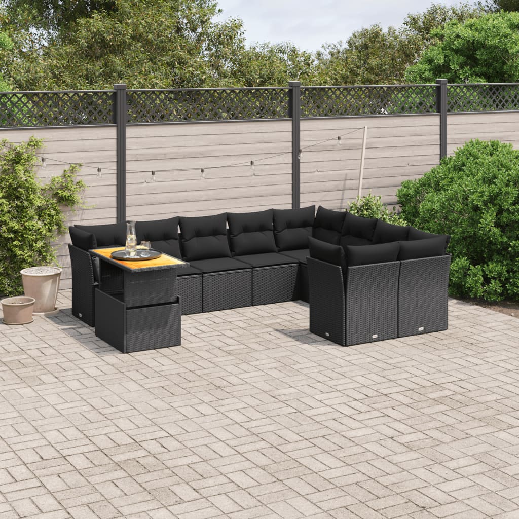 vidaXL 10-Piece Lounge Set with Cushions Poly Rattan Black