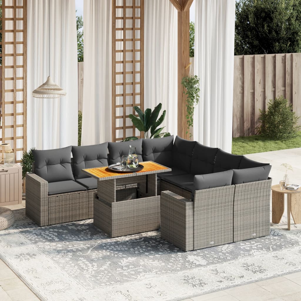 vidaXL 9-delige Loungeset met kussens poly rattan zwart