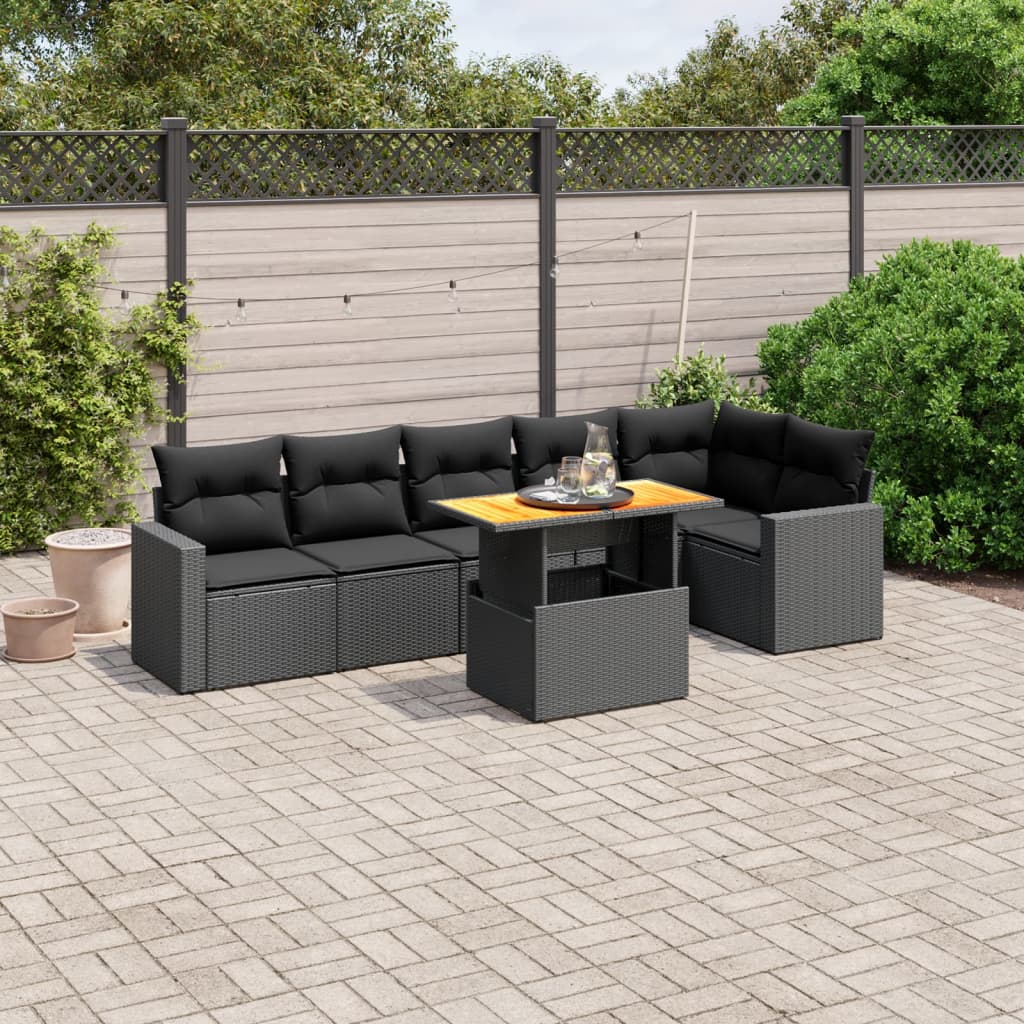 vidaXL 7-delige Loungeset met kussens poly rattan zwart