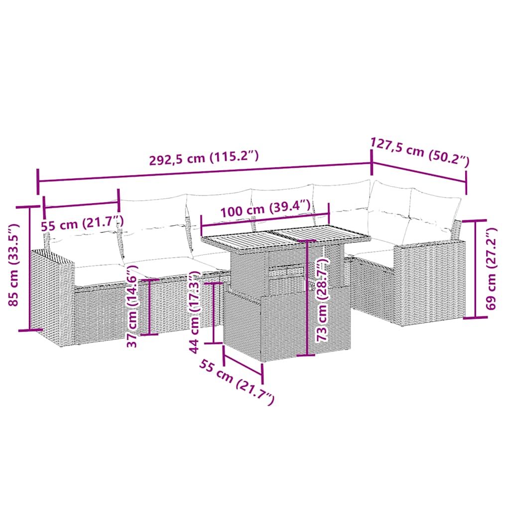 vidaXL 7-delige Loungeset met kussens poly rattan zwart