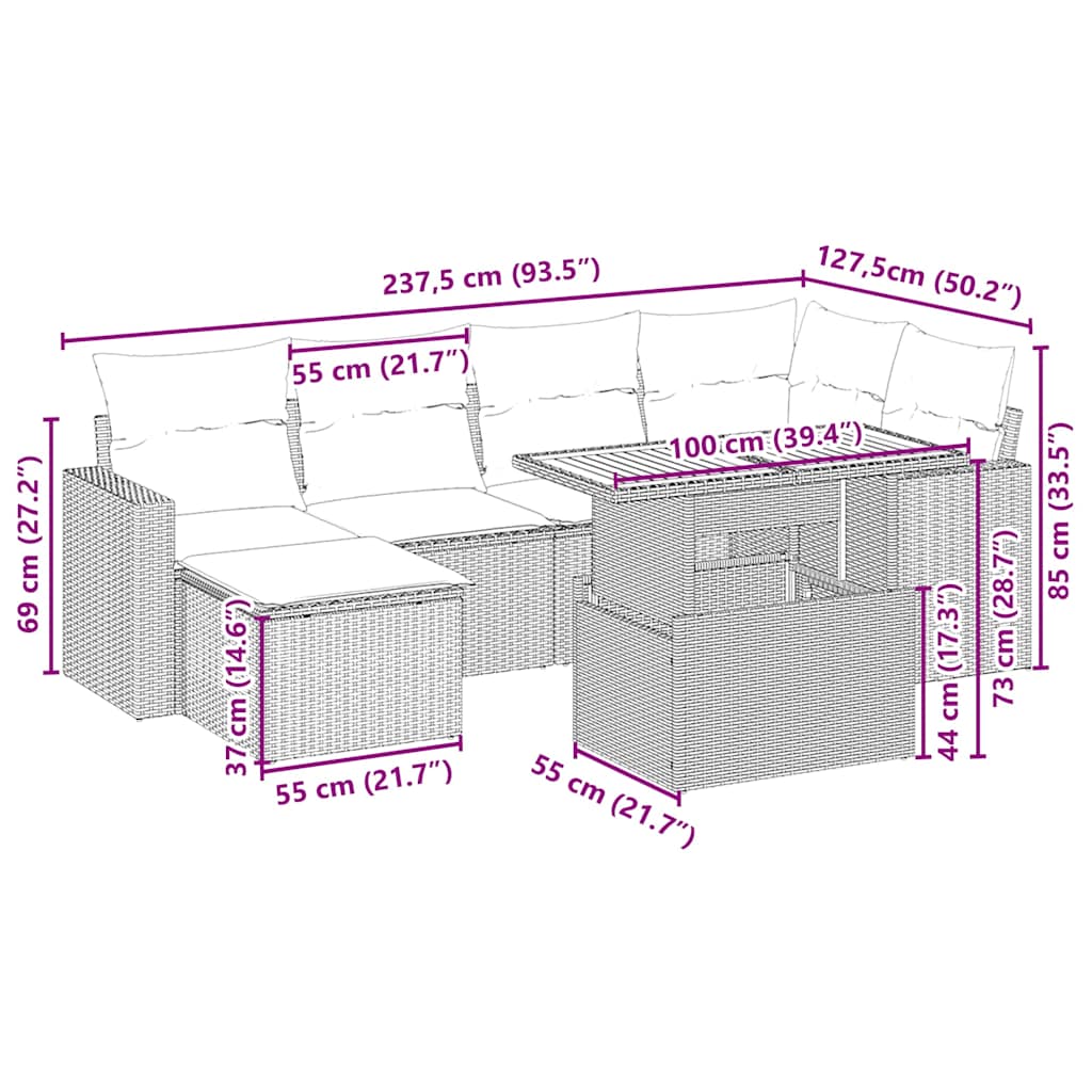 vidaXL 7-delige Loungeset met kussens poly rattan zwart