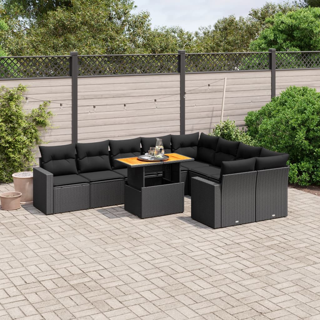 vidaXL 10-Piece Lounge Set with Cushions Poly Rattan Black