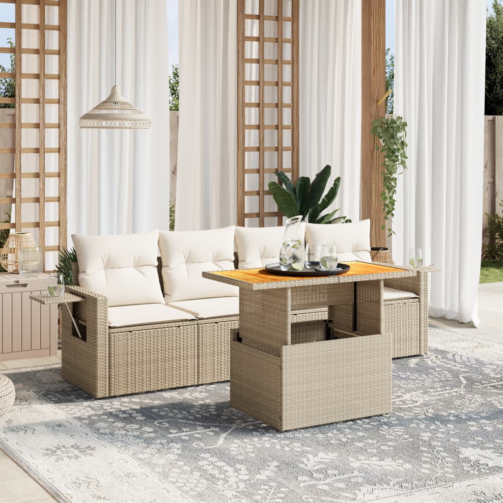 vidaXL 5-delige Loungeset met kussens poly rattan zwart