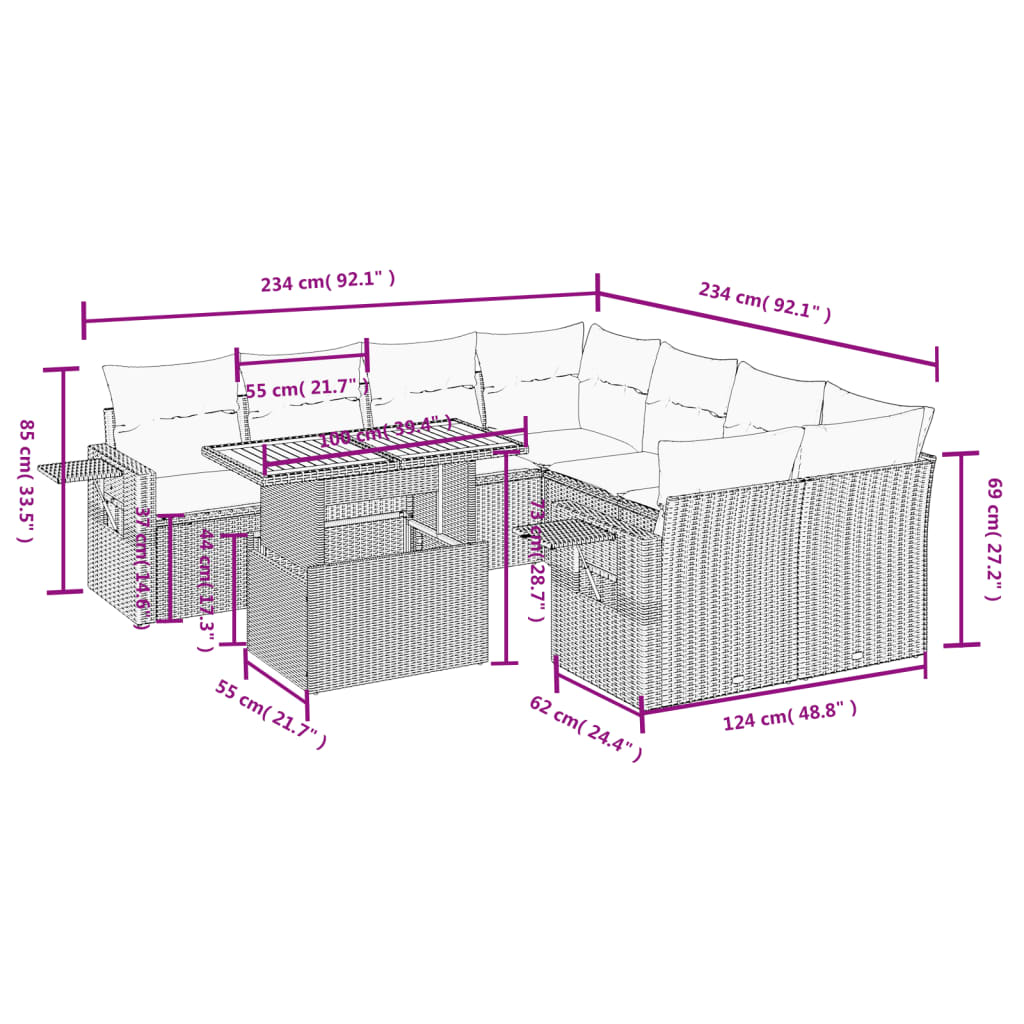 vidaXL 9-delige Loungeset met kussens poly rattan zwart