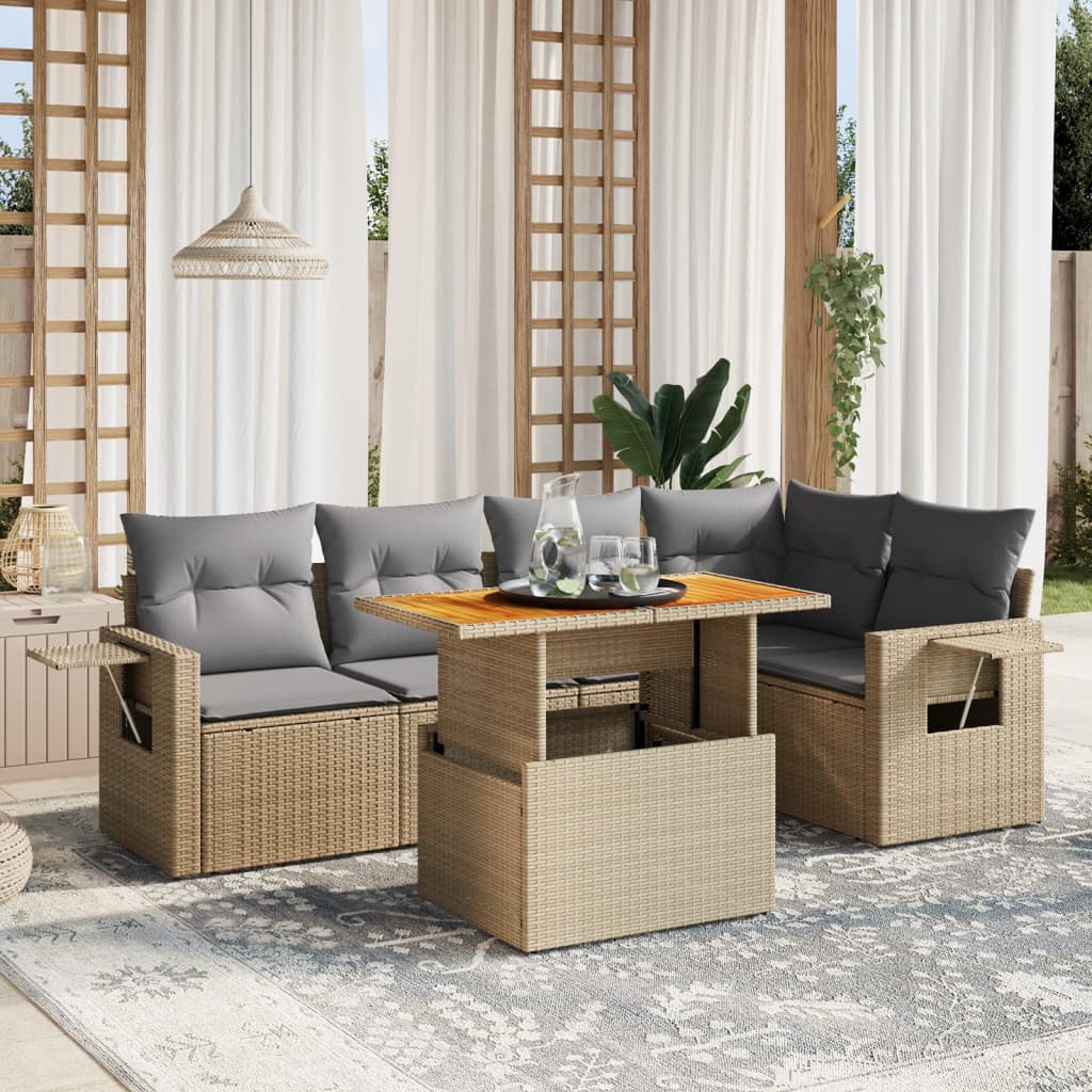 vidaXL 6-delige Loungeset met kussens poly rattan zwart