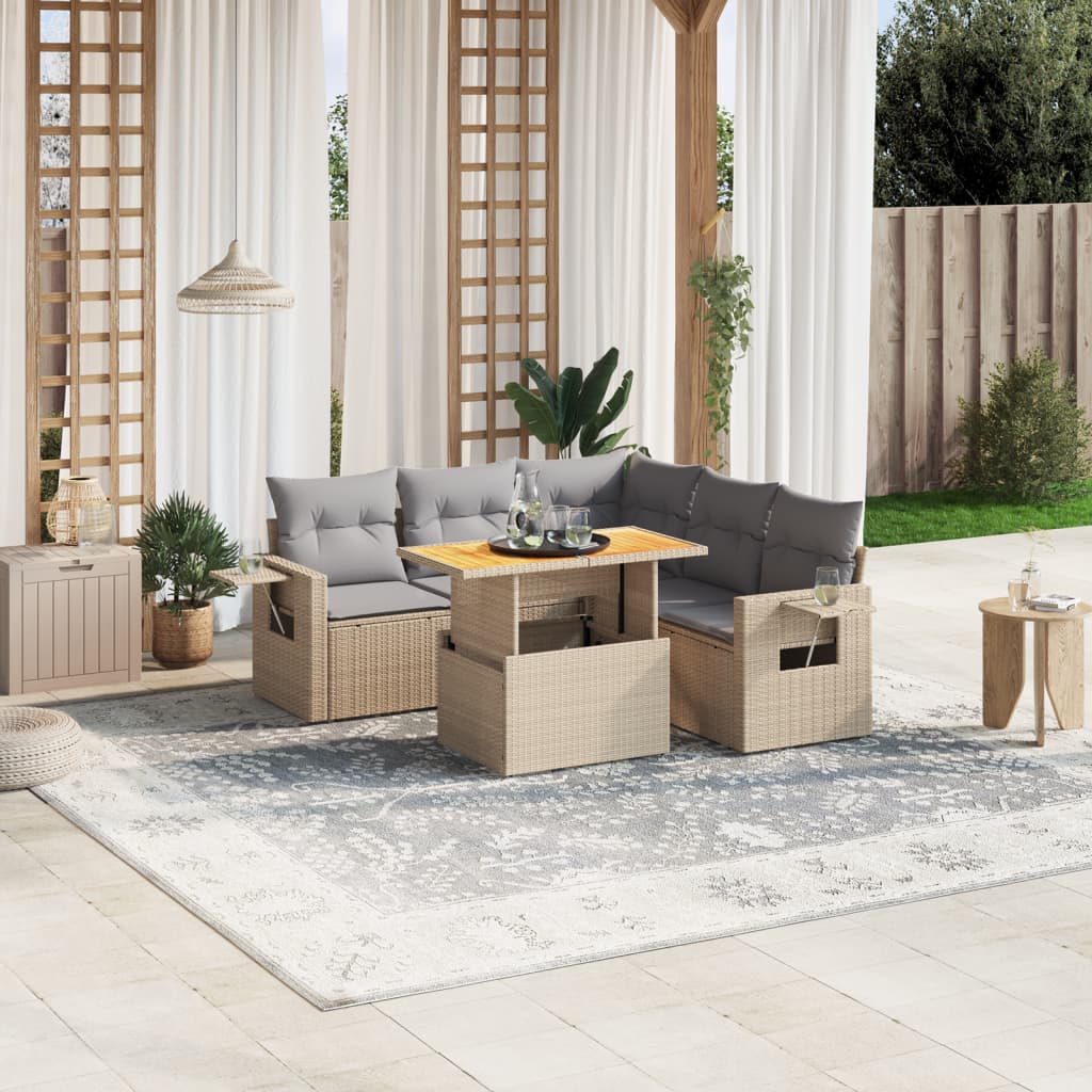 vidaXL 6-delige Loungeset met kussens poly rattan zwart