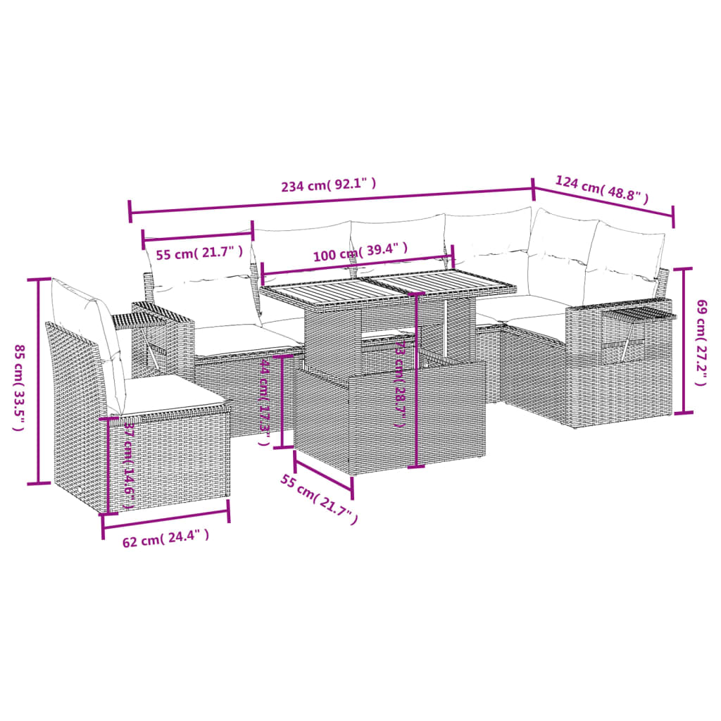 vidaXL 7-delige Loungeset met kussens poly rattan zwart
