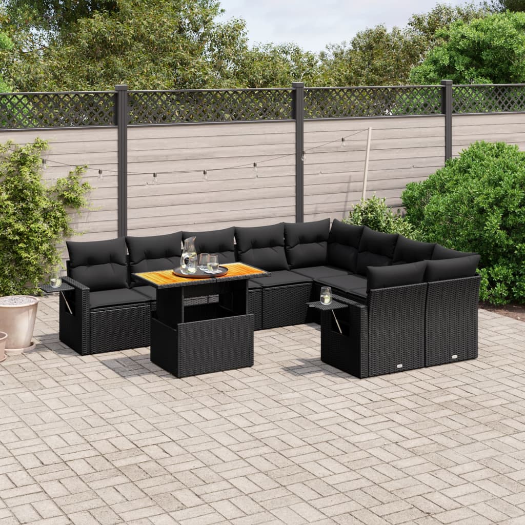 vidaXL 10-Piece Lounge Set with Cushions Poly Rattan Black