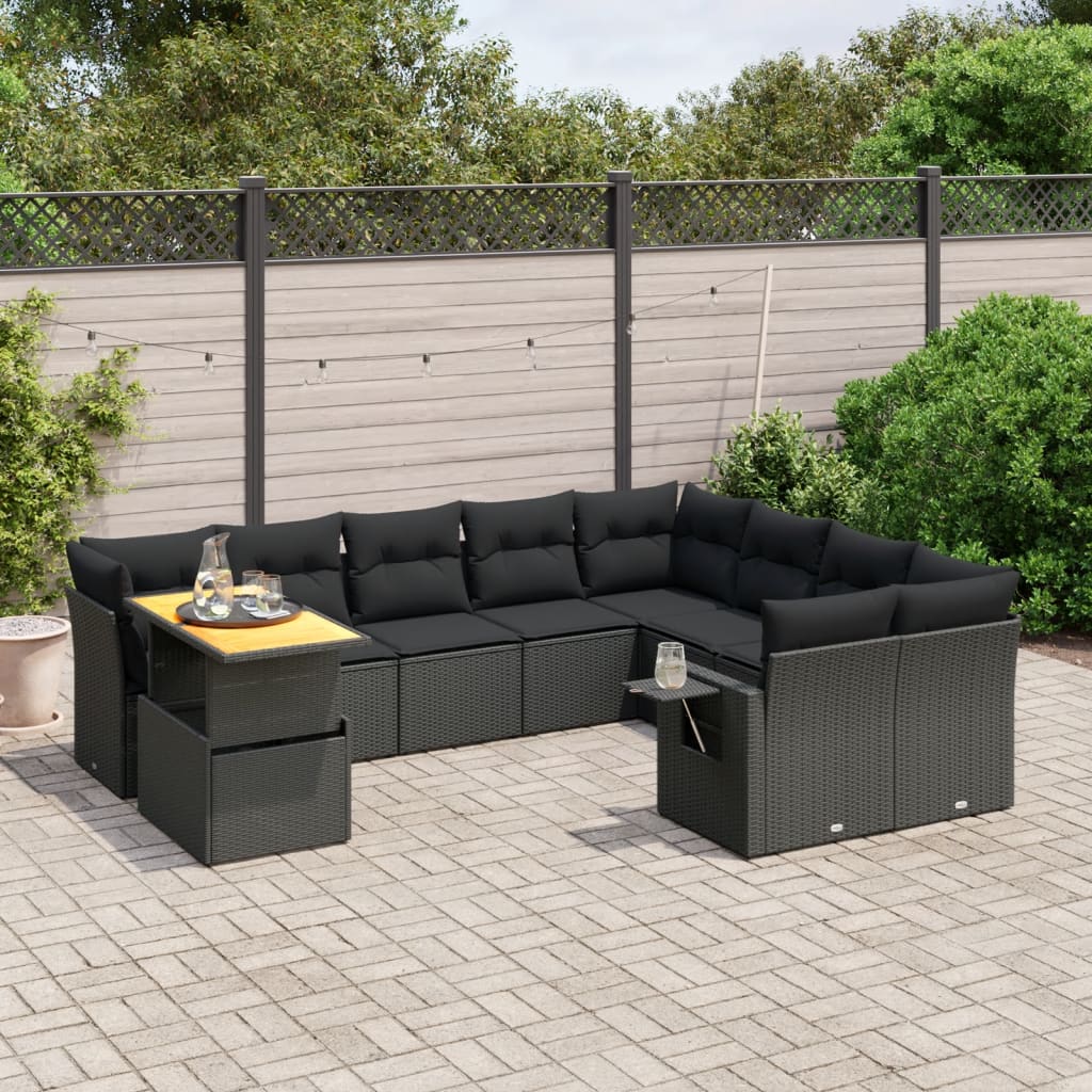 vidaXL 10-Piece Lounge Set with Cushions Poly Rattan Black
