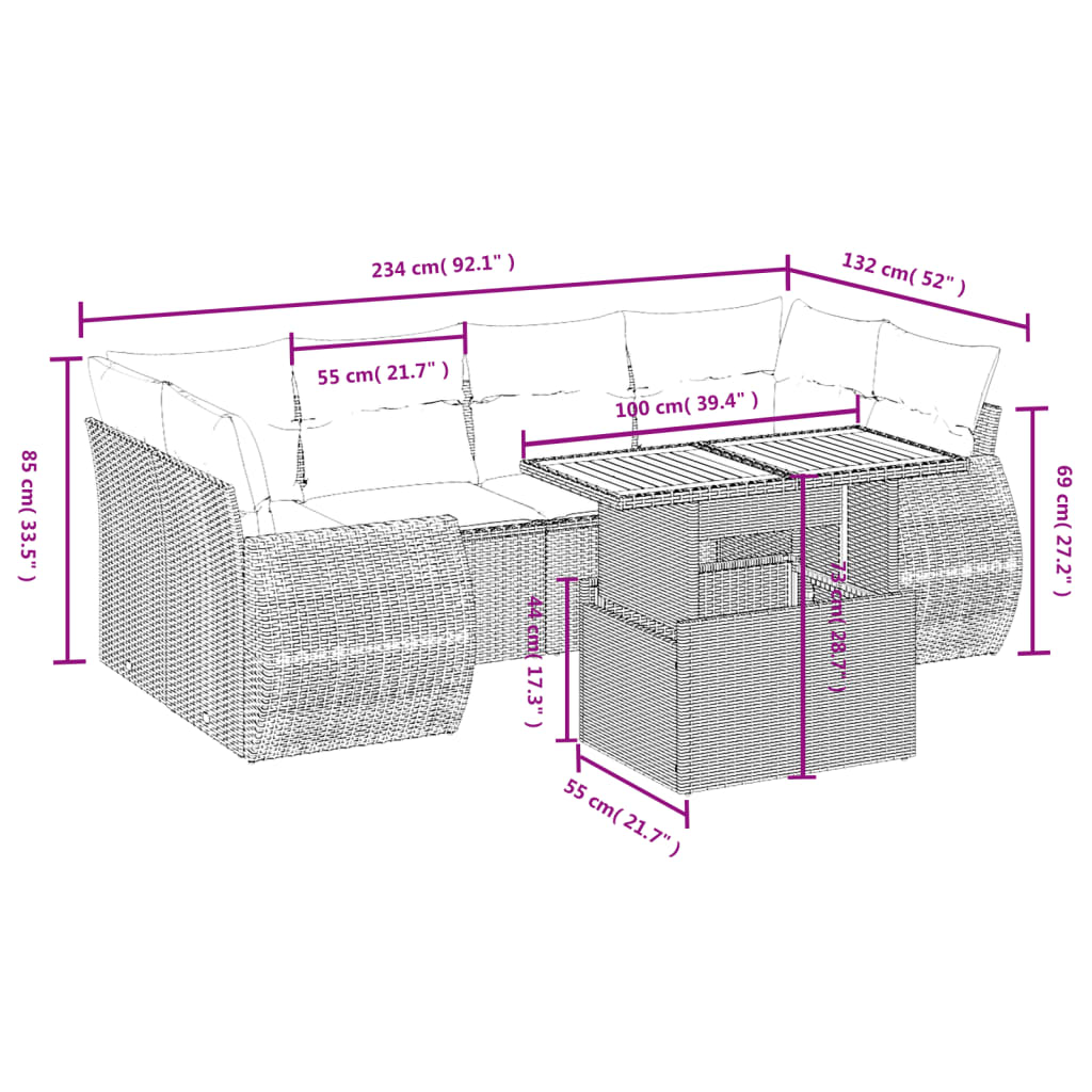vidaXL 7-delige Loungeset met kussens poly rattan zwart
