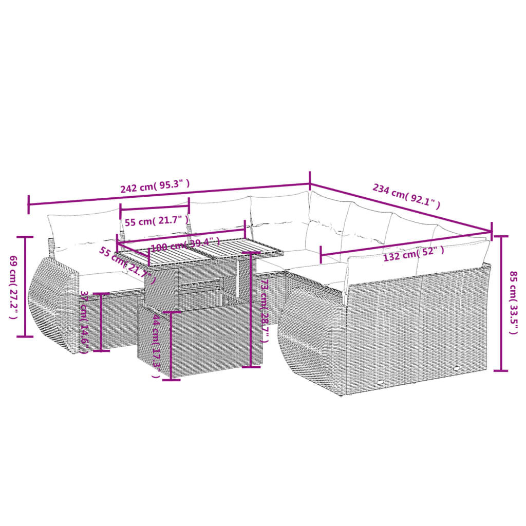 vidaXL 9-delige Loungeset met kussens poly rattan zwart