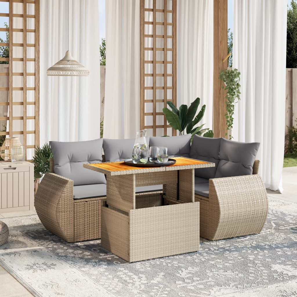vidaXL 5-delige Loungeset met kussens poly rattan zwart