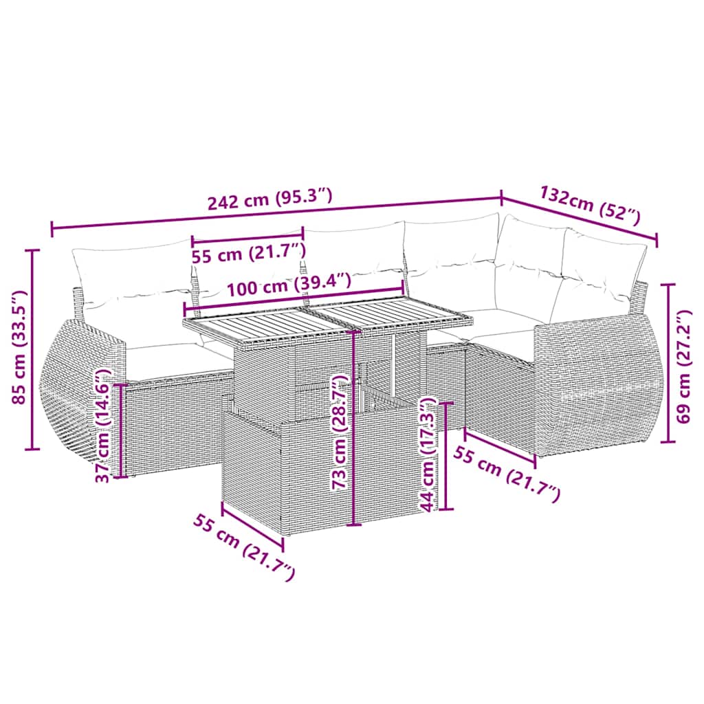 vidaXL 6-delige Loungeset met kussens poly rattan zwart