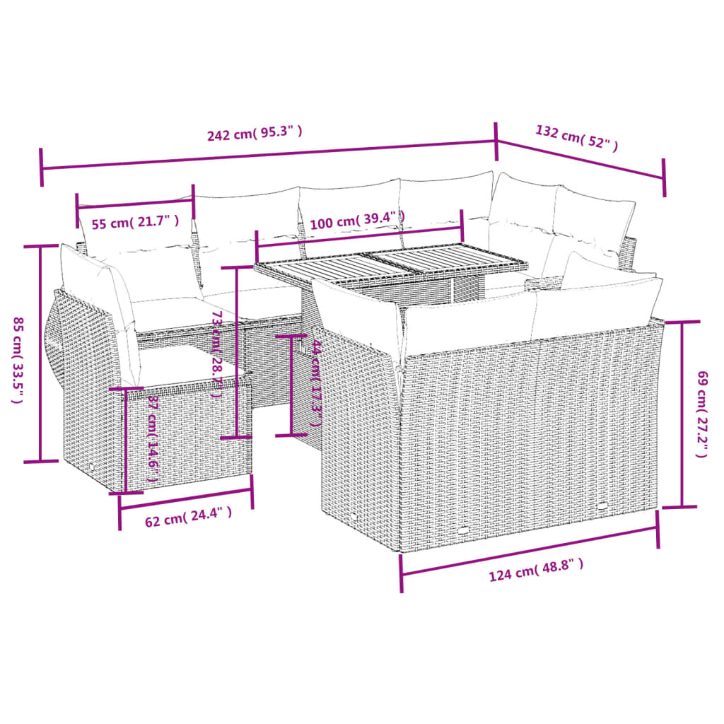 vidaXL 9-delige Loungeset met kussens poly rattan zwart