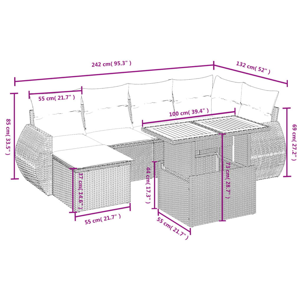 vidaXL 7-delige Loungeset met kussens poly rattan zwart